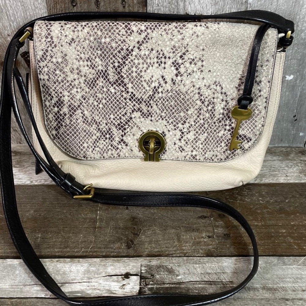 Fossil Snakeskin Crossbody with Gold Clasp